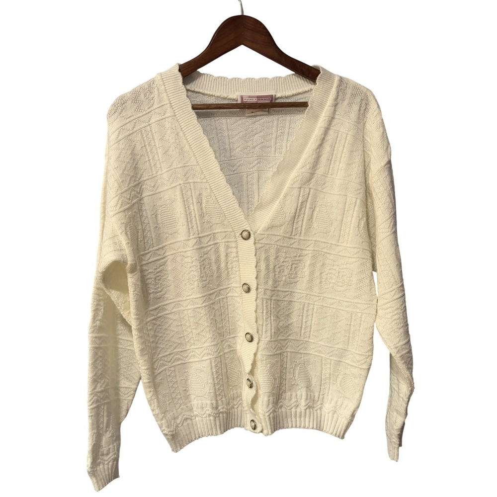 Functionals Vintage Cream Textured Knit Cardigan Sweater Pearl Button Canada L